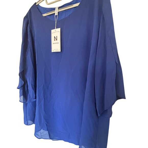 Royal Blue Layered Chiffon Blouse With Flowy 3/4 Bell Sleeves Neineiwu Size XL - Picture 9 of 9
